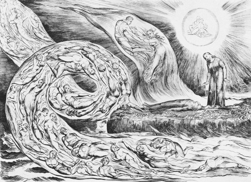 Las almas de los lujuriosos forman una tempestad en una ilustracion de William Blake de la Divina comedia 1824.