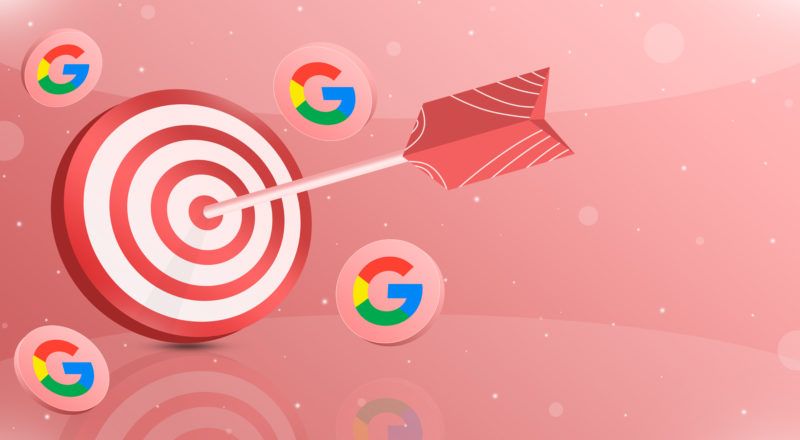 red target with an arrow in the top ten with google logo icons around 3d