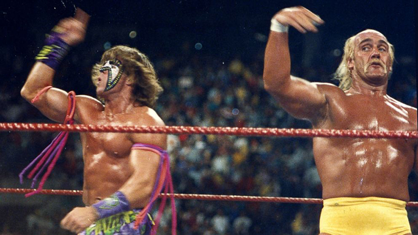 El Último Guerrero y Hulk Hogan, luchadores clásicos del Pressing Catch. Imagen WWF.