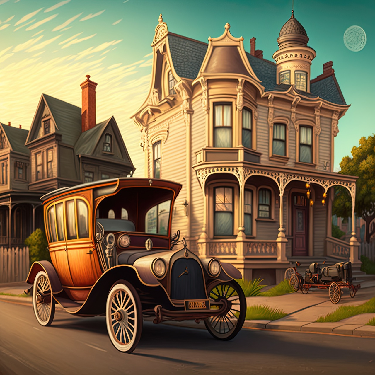 imparsifal old car rolling through Victorian town panoramic car 623e3bfd fc9e 4f61 926b 5434788f6b94 gigapixel art scale