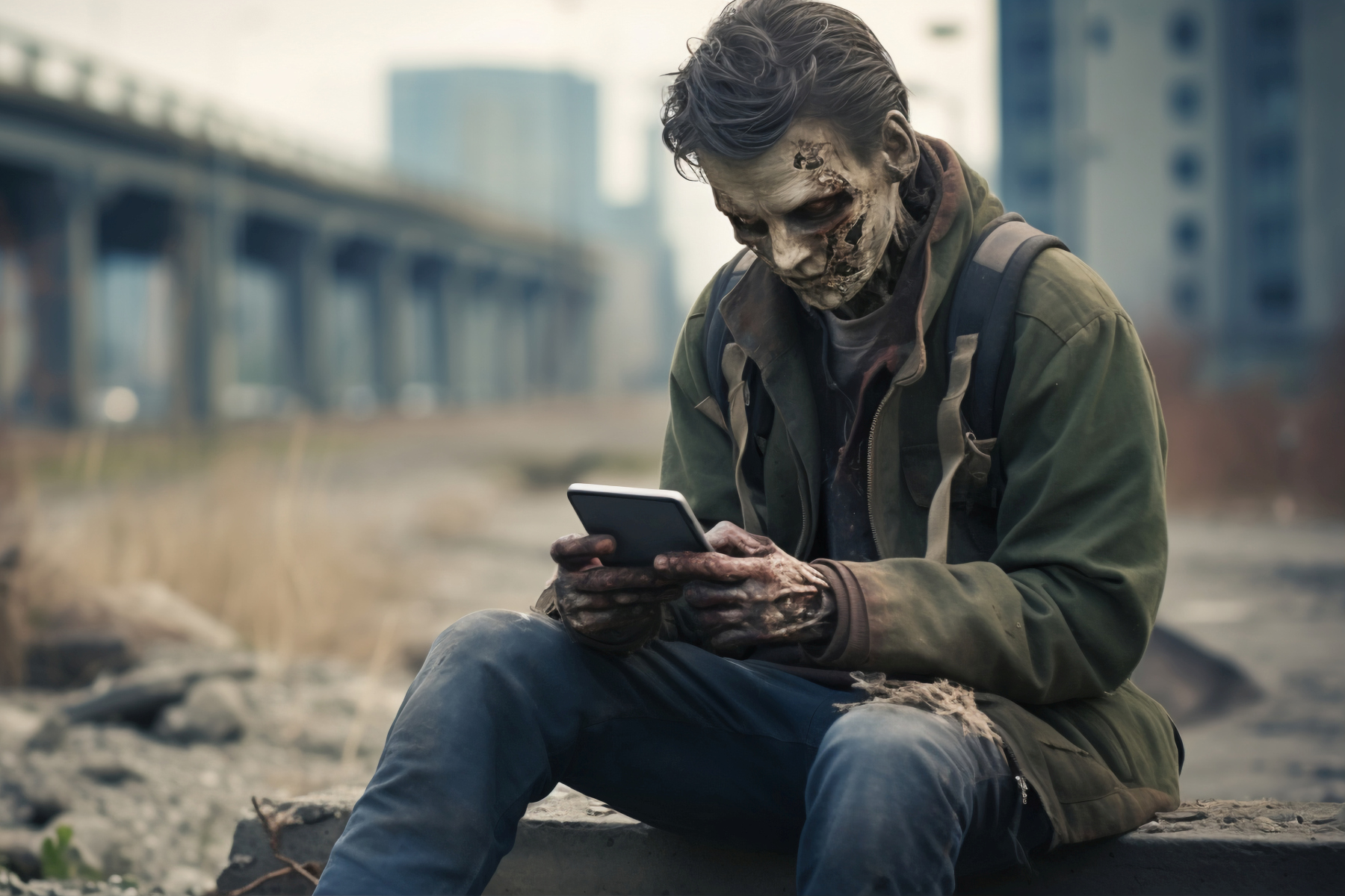 primer plano zombie mirando telefono inteligente