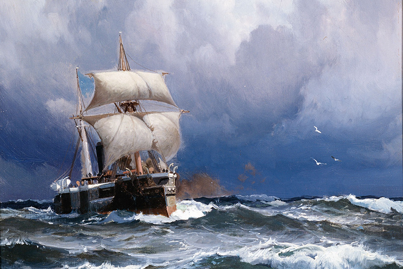 Detalle de El almirante Guillermo Brown llegando a puerto, óleo sobre tela de Eduardo de Martino.