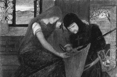 Dama colocando un banderín en la lanza de un caballero, de Elizabeth Siddal (1856). Confraternidades, bohemios y gamberretes