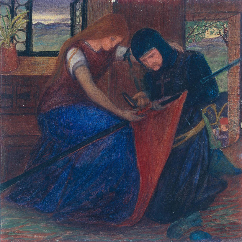 Confraternidades, bohemios y gamberretes 1 Dama colocando un banderín en la lanza de un caballero, de Elizabeth Siddal (1856). Confraternidades, bohemios y gamberretes