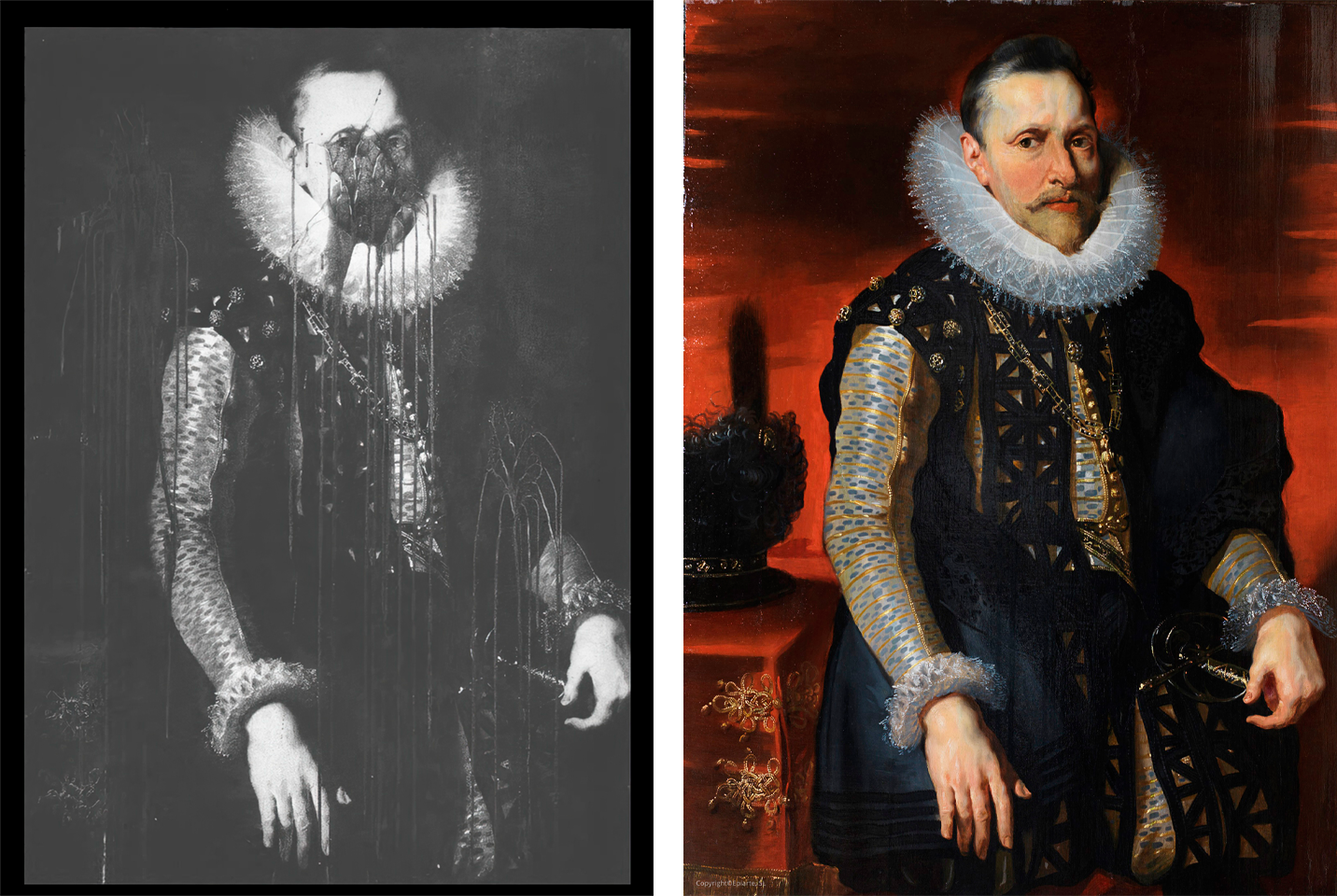 El otro Eróstrato 1 Una radiografía de los daños en ‘El archiduque Alberto de Austria’ (Rubens, ca. 1618) tras el ataque de Hans Joachim Bohlmann y la pintura después de su restauración.