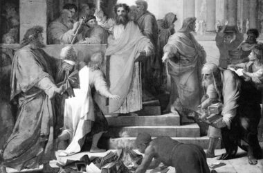 La predicación de san Pablo en Éfeso, de Eustache Le Sueur (1649). libros perdidos