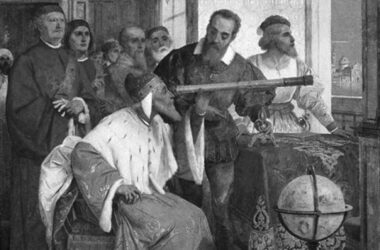 Galileo enseñando al dux de Venecia el uso del telescopio. Fresco de Giuseppe Bertini (1825-1898). escrito