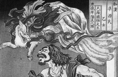 El príncipe Hanzoku, aterrorizado por un zorro de nueve colas. Impresión de Utagawa Kuniyoshi.