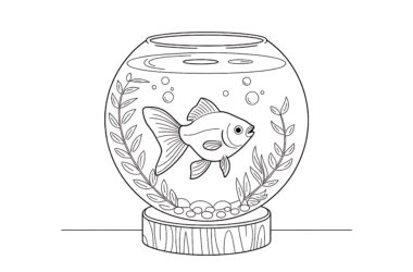 goldfish bowl line art color page kids