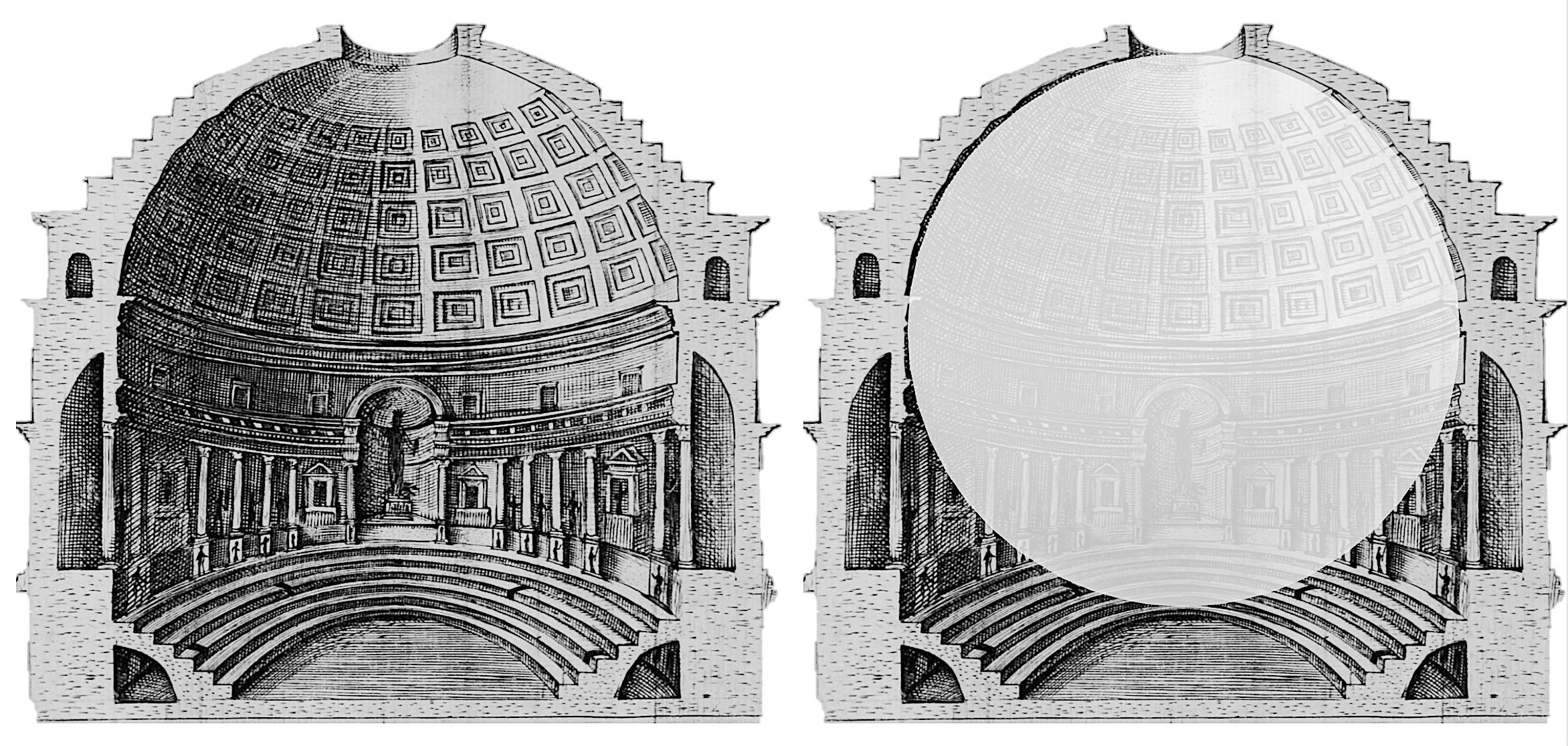 La esfera del Panteón 1 Sección del Panteón en el siglo XVI, según un dibujo de Luis de Montjosieu, y la bola que se puede encajar en su bóveda.
