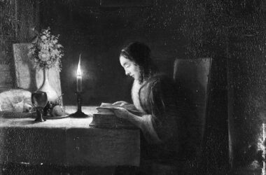 Reading by Candlelight, de Petrus van Schendel, hacia 1870. poesía